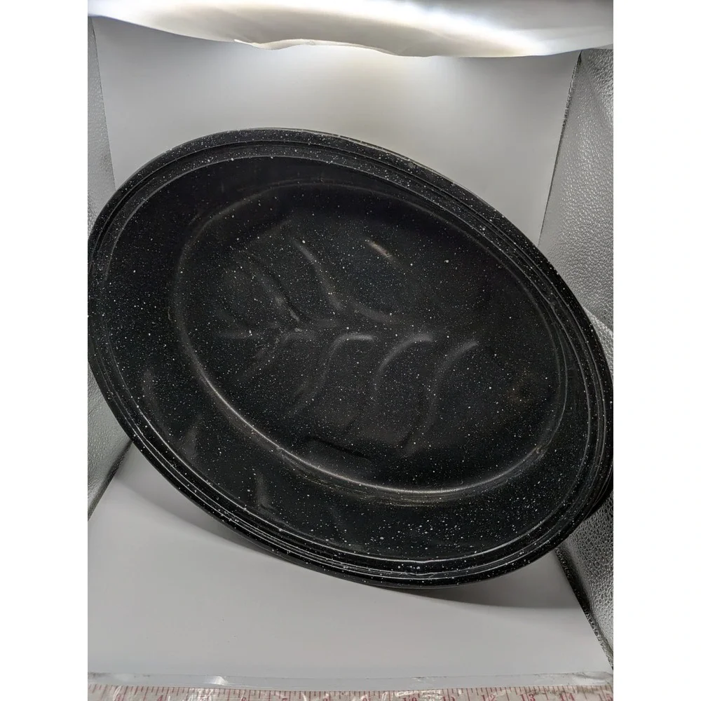 Black Speckled Enamelware Large Roaster Vintage Splatterware Roasting Pan & Lid
